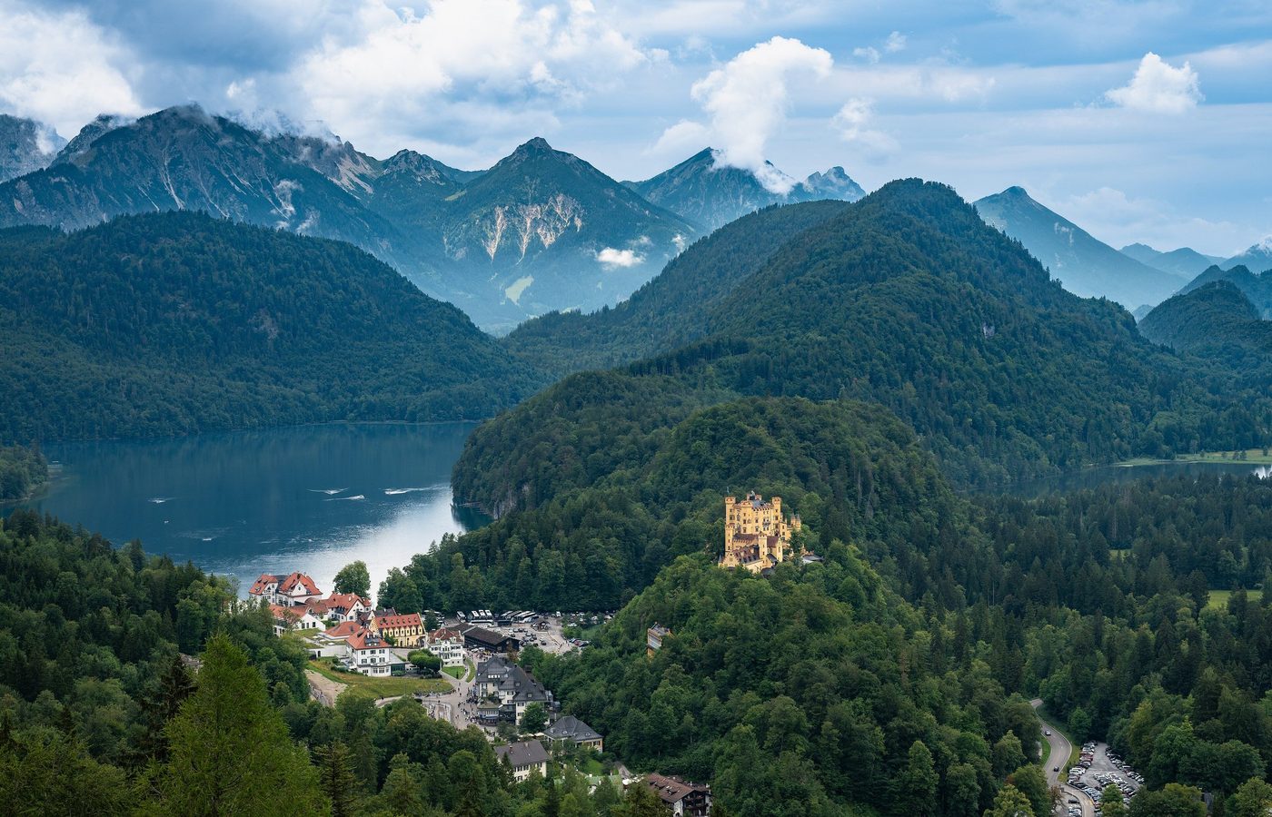 The Alpsee with Hohenschwangau Castle and the mountains.