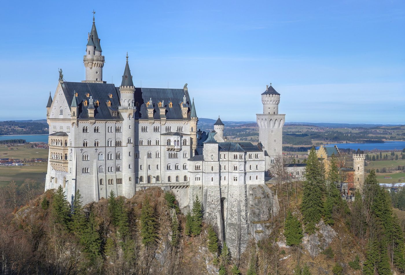 Neuschwanstein Castle from the east, with the valley below