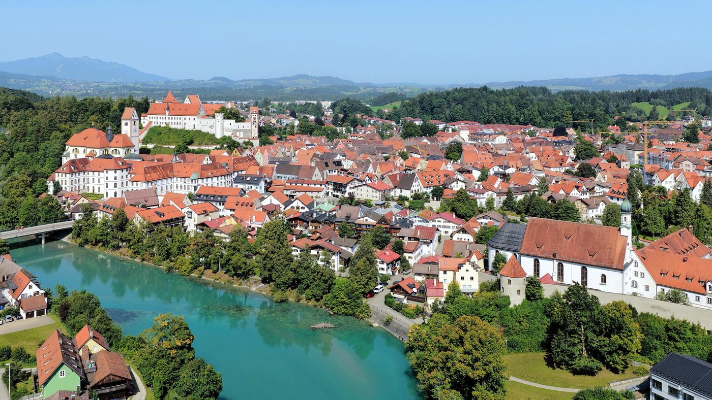 Füssen, the Lech and St Mang abbey from above