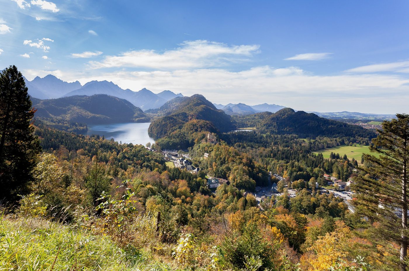 Lakes and foothills around Hohenschwangau in autumn.