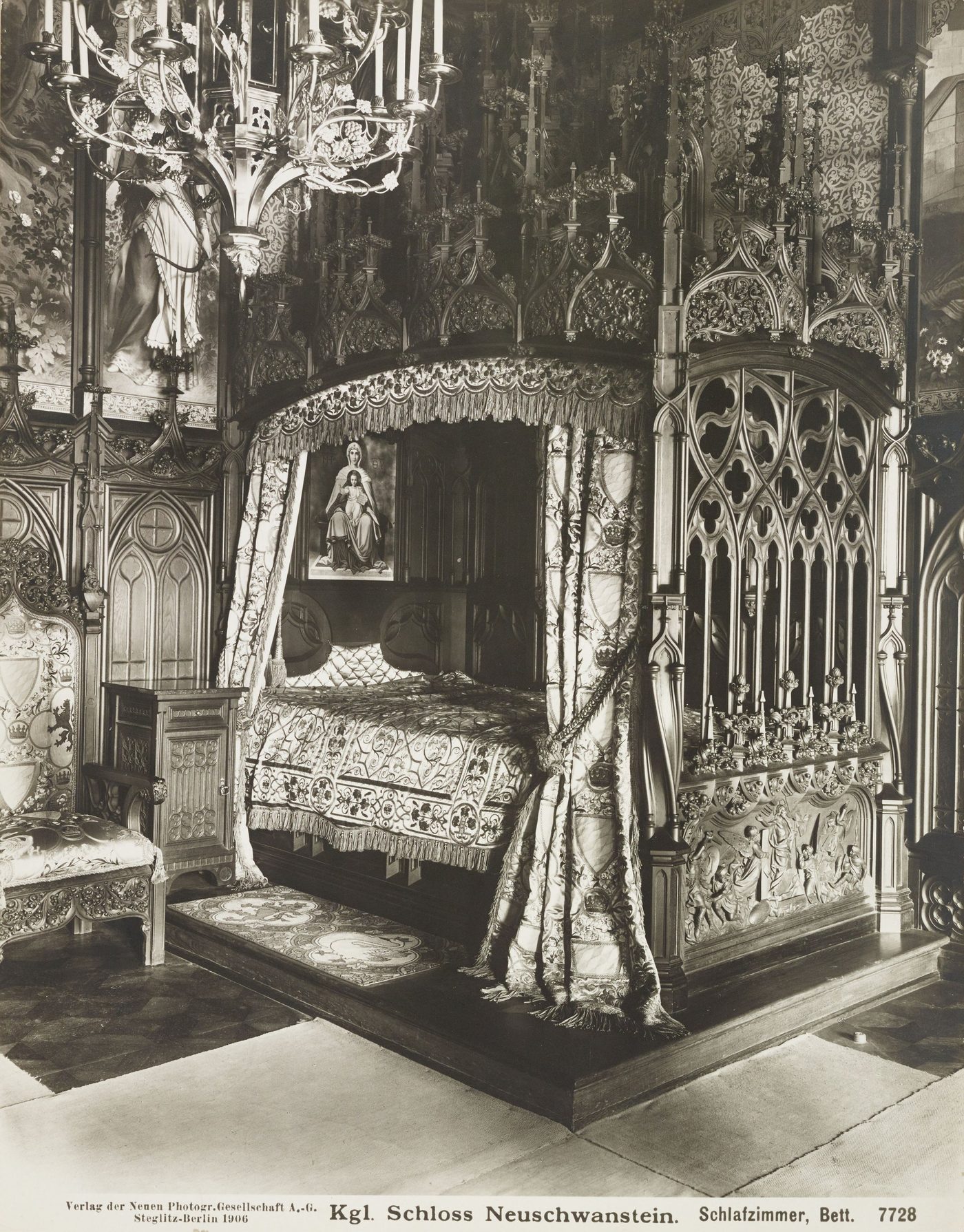 The king's bedroom and carved bed, historic photograph