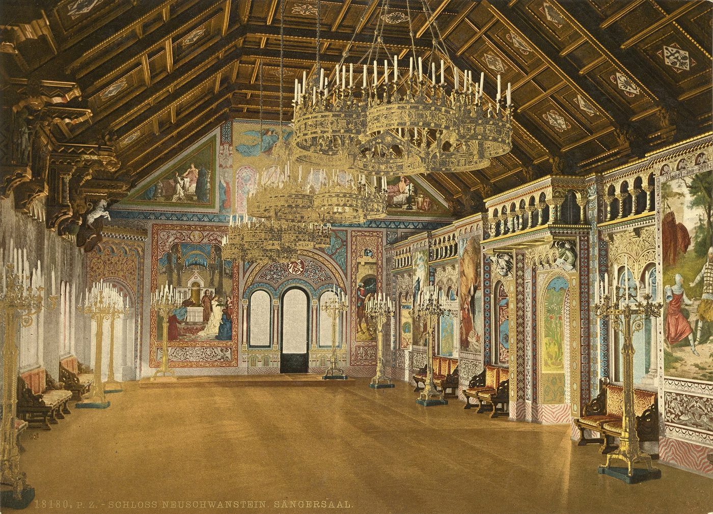 The Singers' Hall in a historic colour print