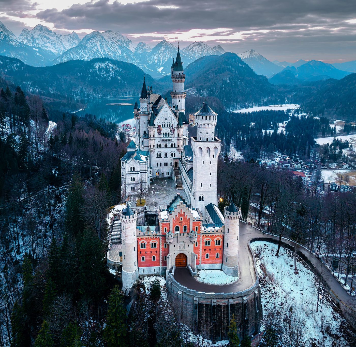 Neuschwanstein Castle and Marienbrücke in winter from above